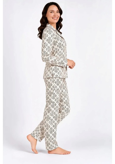 Pierre Cardin Gömlek Yaka Desenli Kadın Pijama Takımı Krem