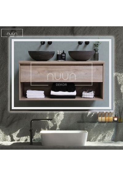 Nuun Dekor 90x70cm Beyaz Ledli Kumlamalı Banyo Aynası Trafolu Beyaz