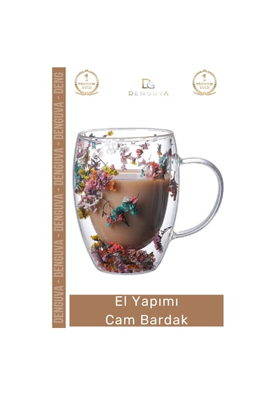 Cambardak Çift Camlı Kurutulmuş Çiçekli Borosilikat Şık Estetik Zarif Cam Handmade Bardak 250ml Çok Renkli