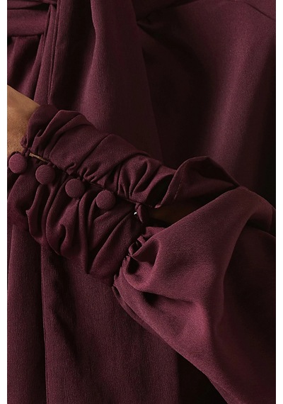 Rowen Rose Oversized Bow - Neck Blouse, Lüks Georgette Yüksek Yakalı Şık Balon Kollu Bluz Bordo