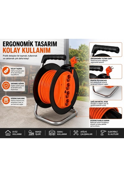Makaralı Uzatma Kablosu 3x2.5mm- 20m/30m/40m/50m Güçlü Ve Dayanıklı 40 Metre