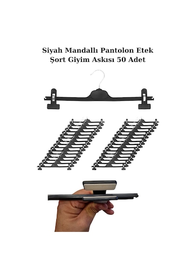 Pantolon Etek Askısı Plastik 38 Cm Siyah Mandallı Giyim Askısı 50 Adet Diğer