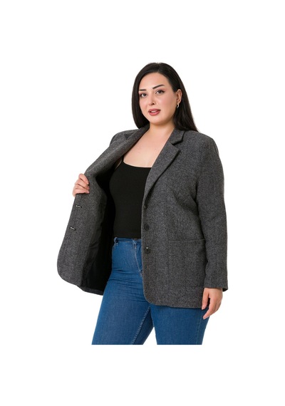 Disentis Büyük Beden Cepli Balıksırtı Blazer Astarlı Gri Ceket-gri Gri