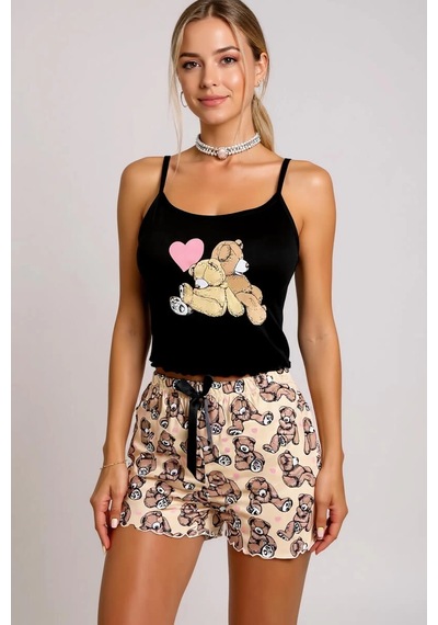 Cojans Ayıcık Desenli Askılı Şortlu Kadın Pijama Çok Renkli