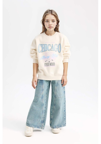 DeFacto Kız Çocuk Relax Fit Bisiklet Yaka Baskılı Sweatshirt D7046A824WNER99 Ekru