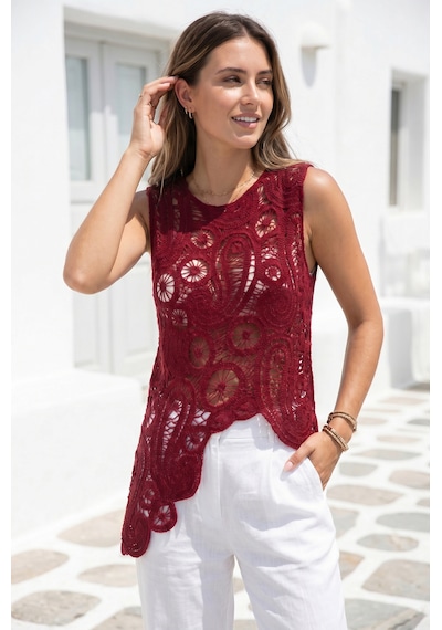 Sayzen Your Shine Etnik Desenli Dantel Tığ Dokuma Bluz Bordo