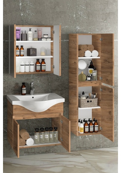 Yıldız 65+35 Cm Atlantik Çam Mdf Seramik Lavabolu Asma Banyo Dolabı Takımı