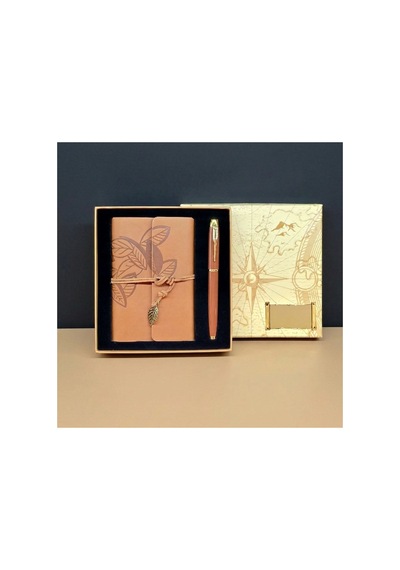 5 Adet Taba Deri Defter Ve Kahverengi Metal Kalem Seti Kutulu Promosyon, Kişiye Özel Notebook Pen Hediyelik 1