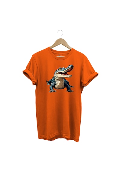 Timsah Baskılı %100 Pamuk Regular Fit T-shirt Turuncu