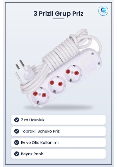 Grup Priz Uzatma Kablosu 3 Prizli 2 M Topraklı Ev Ve Ofis İçin Ço