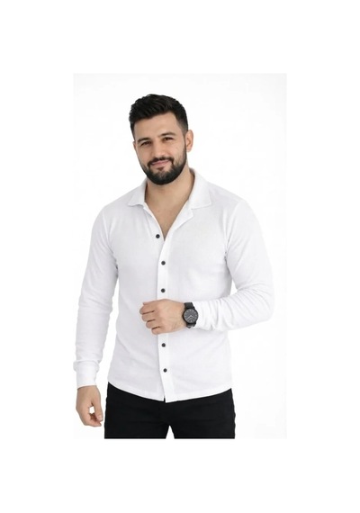 Hazego Erkek Waffle Kumaş Uzun Kollu Düğmeli Açık Yaka Regular Fit Gömlek - Beyaz