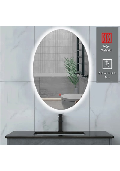 60x80 H Cm Buğu Çözücülü Ledli Elips Banyo Aynası Şeffaf