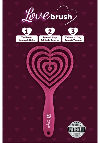 Love Brush Esnek Kalp Saç Fırçası - Yumuşak Dokulu, Saç Açma Ve Tarama Pembe