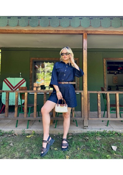 Keymoda Kadın Denim Gömlek Şort Takım Lacivert Lacivert