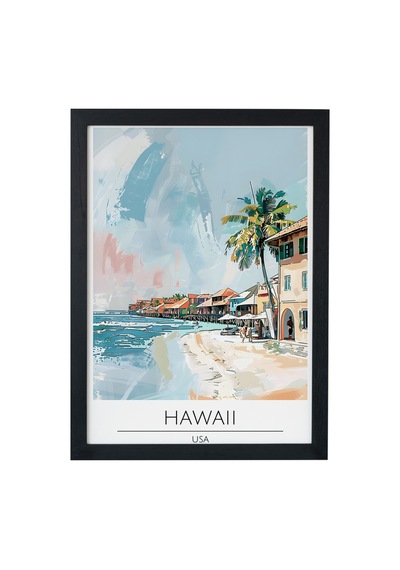 Hawaii Beachfront Usa Travel Poster Ahşap Çerçeveli Dekoratif Duvar Tablosu Siyah