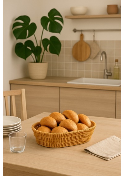 Oval Örgü Hasır Ekmek & Servis Sepeti 21 Cm Bej
