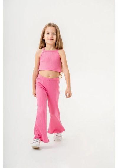 Magu Kız Çocuk Pembe Fitilli Crop Tayt Takım
