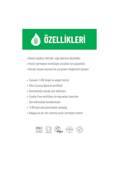Siveno %100 Doğal Diş Macunu Bebek - Çocuk İçin Karışık Meyve Aromalı Florürsüz 50 ml