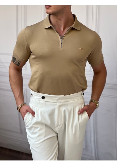 Modefendi Yüksek Kalite Polo Yaka Fermuarlı Tshirt Bej