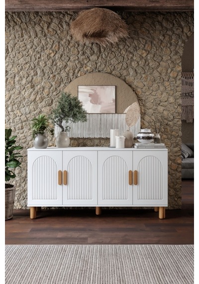 Elysia Bohem Konsol 4 Kapaklı Mdf Mebran Kapak 160 Cm Modern Salon Konsolu Beyaz