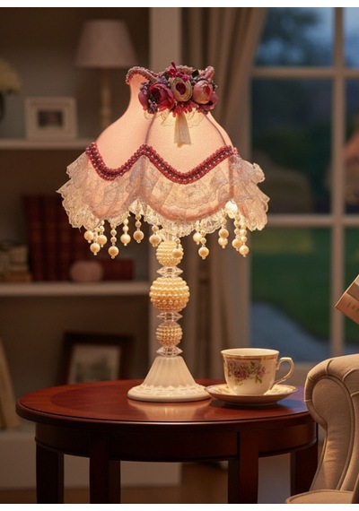 Pudra Pembe Kadife Erengül Çiçek Ve Dantel Süsleme Dekor Vintage Abajur 50x30cm Pembe