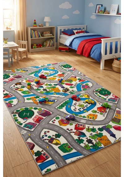 Raschel Carpet Premium Antialerjik Yıkanabilir Kalın Trafik Desenli Yumuşak Kaymaz Taban Halı Mavi