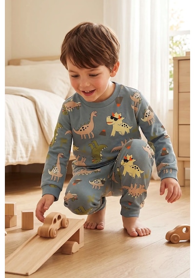 Zuzunga Dinozor Desenli Erkek Çocuk Pijama Takımı Gri