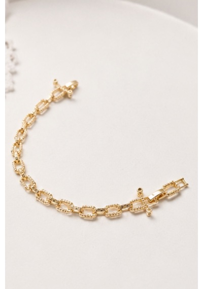 Balenbi Jewelry Kadın Taşlı Dikdörtgen Halkalı Kararmaz Çelik Zincir Bileklik 14k Gold 1141 Altın