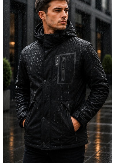 Modmen Erkek Su Geçirmez Kapüşonlu Outdoor Mont Siyah Yağmurluk Günlük Ve Kışlık Siyah