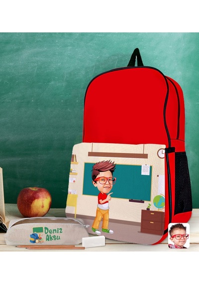 Bk Gift Kişiye Özel Erkek Öğrenci Karikatürlü Kırmızı Okul Çantası Ve Kalemlik Hediye Seti-3