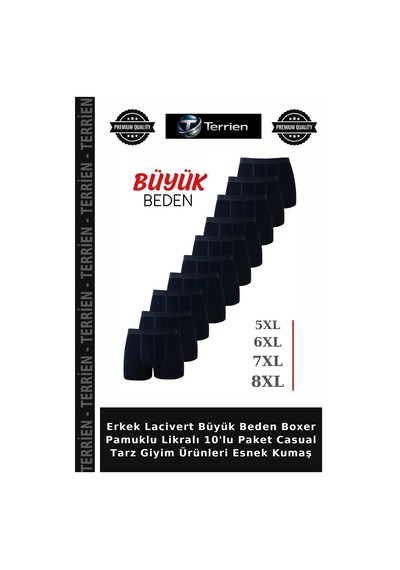 Terrien Erkek Lacivert Büyük Beden Boxer Pamuklu Likralı 10'lu Paket Casual Tarz Giyim Ürünleri Esnek Kumaş