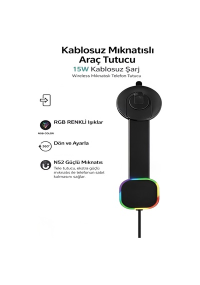 Fhd-15 360 Kablosuz 15w Şarj Mıknatıslı Torpido İçin Rgb Işıklı