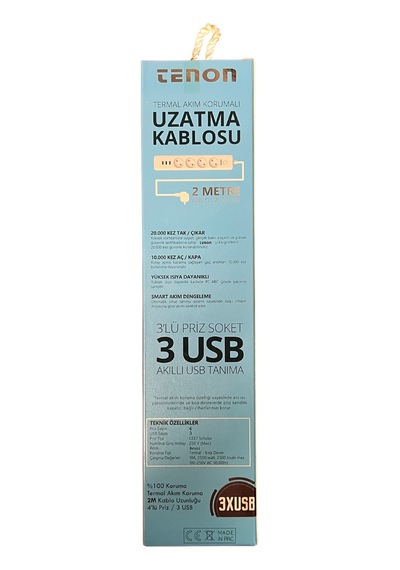 Tenon Termal Akım Korumalı Priz 3xusb Şarj Girişi 4xpriz Girişi 2mt Kablo Uzunluğu 10a,2500watt, 2500 Joule Max. 2 m