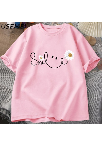 Flood Of Style Papatya Gülümseme Yüz T Shirt Yaz Çiçek Baskılı Tişört Kadın Erkek Pamuk Kısa Kollu Tshirt Bo Pembe