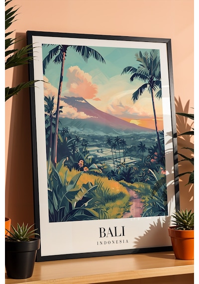 Bali Indonesia Vintage Seyahat Posteri Çerçeveli Tablo - Premium Tropikal Manzaralı Duvar Dekoru Siyah