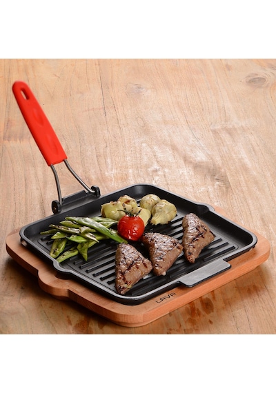 Lava Döküm Kare Sığ Izgara Tavası Silikon Tel Saplı Ölçü 24x24cm. - Kırmızı