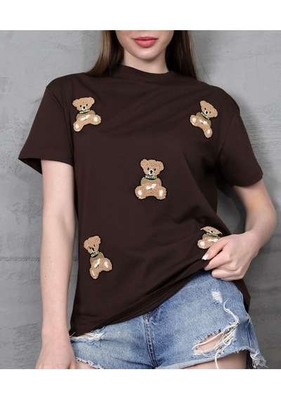 Genç Kadın Ayıcık Süzene Nakışlı T-shirt Kahverengi