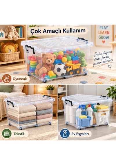 Tekerlekli 50 Litre Şeffaf Saklama Ve Düzenleme Kutusu,