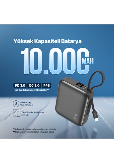 Ttec 2BB232GR Recharger Mini LCD 10.000 mAh PD 35W USB-C Dahili Kablolu Taşınabilir Hızlı Şarj Aleti