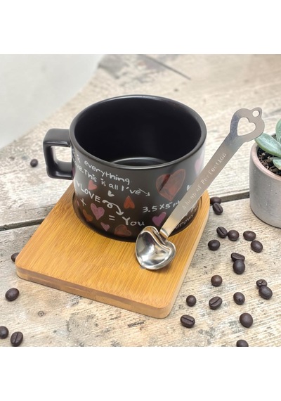 Manyetik Kaşıklı Bambu Zeminli Aşkın Matematiği Kupa Fincan Seti 250 Ml Sevgililer İçin Hediye Siyah