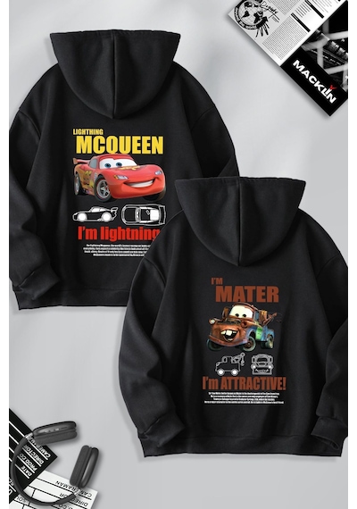 Macklin Arkadaş Çift Kombin Şimşek Mcqueen Ve Mater Baskılı Özel Tasarım Kapüşonlu Sweatshirt 2li Set Takım Siyah Mck1337 Siyah