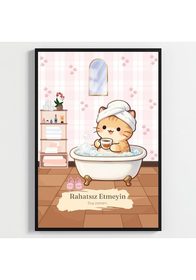 Besay Kahveli Kedi Sevimli Kedili Tuvalet Duvar Sanatı Havlulu Ve Kahveli Komik Hayvan Poster Tablo A3 Tekli Çerçevesiz