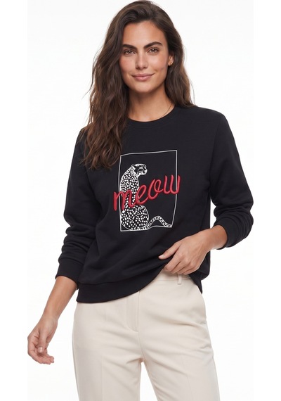 Onloox Kadın Siyah Siyah Pamuklu Bisiklet Yaka Uzun Kollu Leopar Baskılı Detaylı Sweatshirt T-shirt