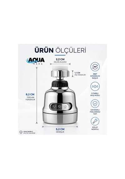 Aqua Sara 3 Fonksiyonlu Mutfak Lavabo Musluk Başlığı 360 Derece Döner Musluk Ucu Tasarruflu Krom