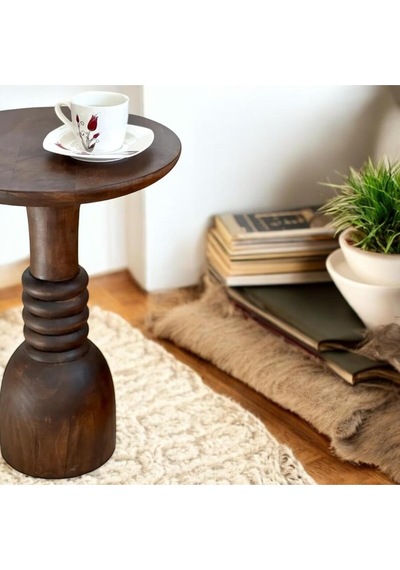 Wood Woodenahşap Tekli Mantar Yan Sehpa Modern Ceviz Renk 50cm Koyu Ceviz
