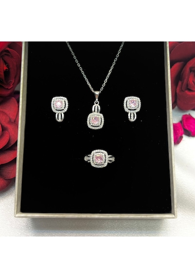 Pembe Kare Kadın 3'lü Set 925 Ayar Gümüş Zirkon Rodyumlu Taşlı Gümüş