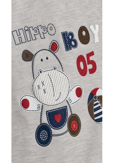 Lika&Nika Erkek Bebek Şapkalı Takım Hippo Baskılı Kısa Kollu Tişört Ve Denim Şort 3'lü Yazlık Bebek Takımı Bej