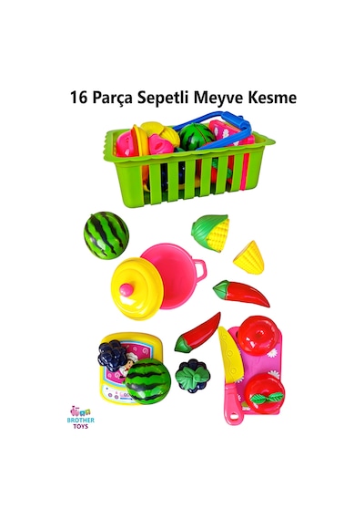 Oyuncak 16 Parça Sepet Ve Ocaklı Meyve Sebze Kesme Seti Bıçak Tabak Ve Kesme Tahtası