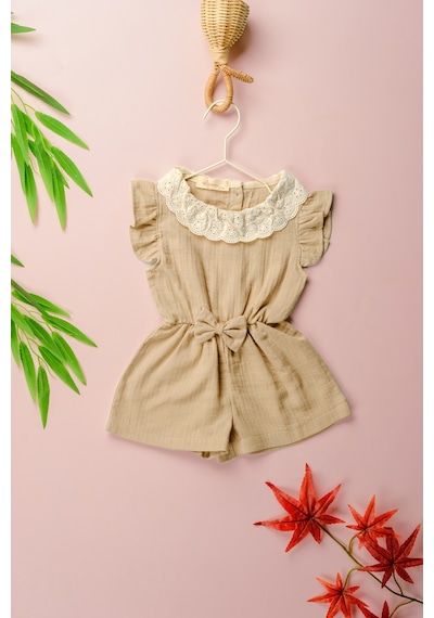 Novy Baby Müslin Kumaş Dantel Yaka Fiyonklu Kız Çocuk Tulum - 2-5 Yaş