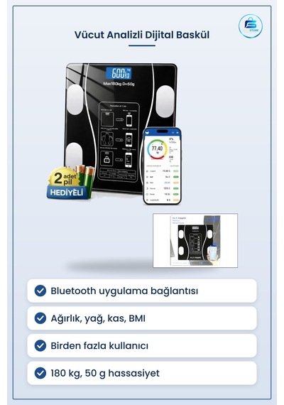 Vücut Analizli Bluetooth Dijital Baskül 180kg/50g Tartı Akıllı Ki
